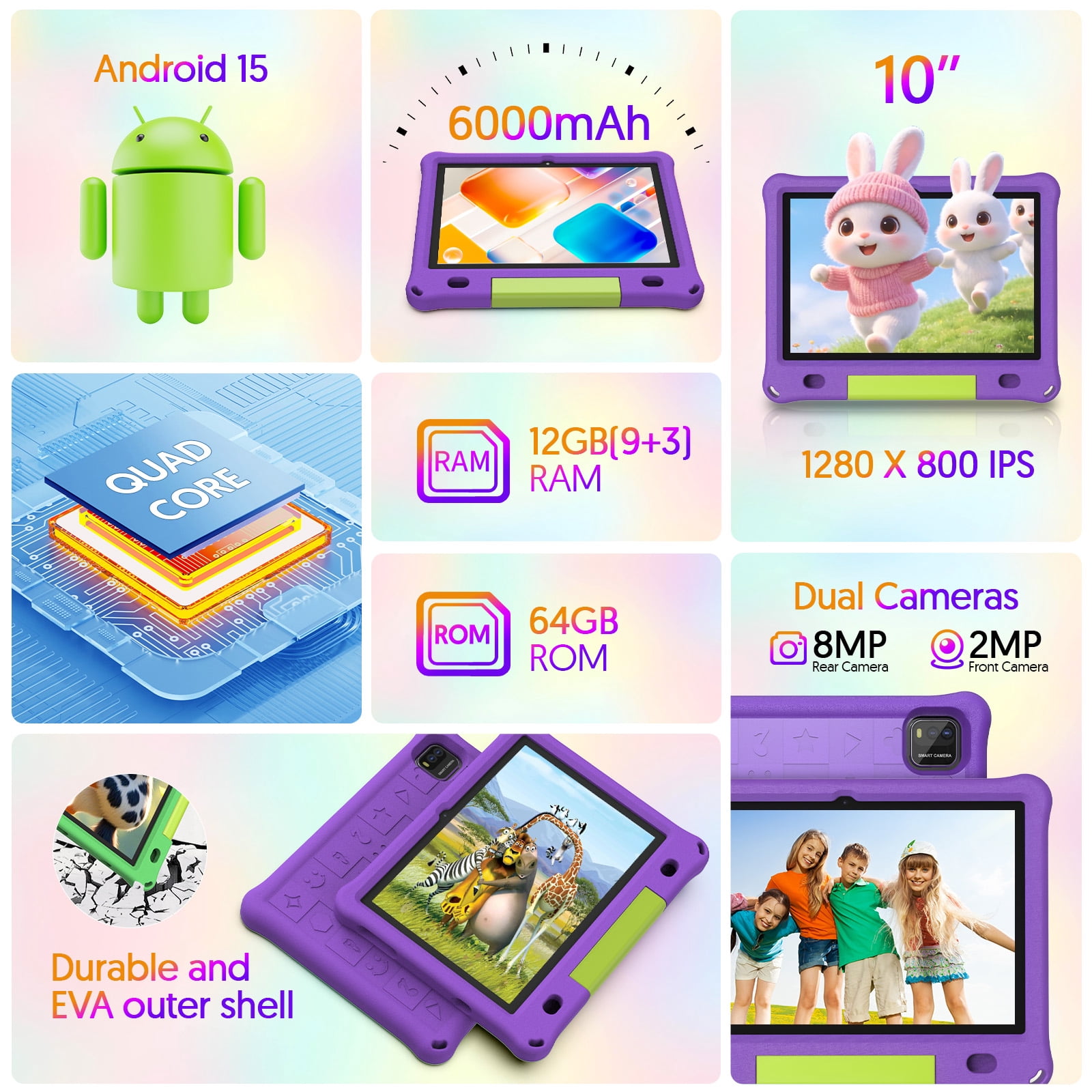 10inch Kids Tablet Android 15,1280x800 HD Ips Display Tablet with Eva Case,12GB (3g+9g) RAM+64GB Rom,Quad-Core, Wi-Fi6,6000mAh,Parental Control App Google Certified - Purple