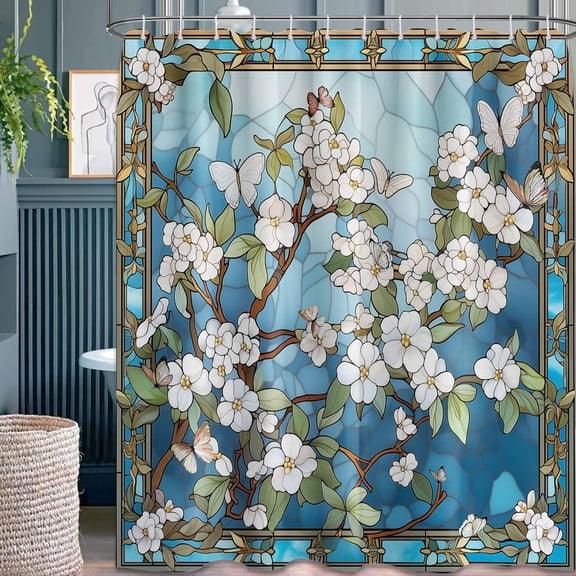 Stained Glass Shower Curtain Chinoiserie Art Nouveau Blue and White Floral Shower Curtains for Bathroom Decor Set, Waterproof Fabric with Hooks-60"W x 72"L (Pack of 1)