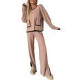thumbnail image 2 of Women'S 2 Pcs Set Casual Long Sleeve Knit Pullover Top and Wide Leg Pants Sweatsuit Lounge Sets Caramel Color M, 2 of 10