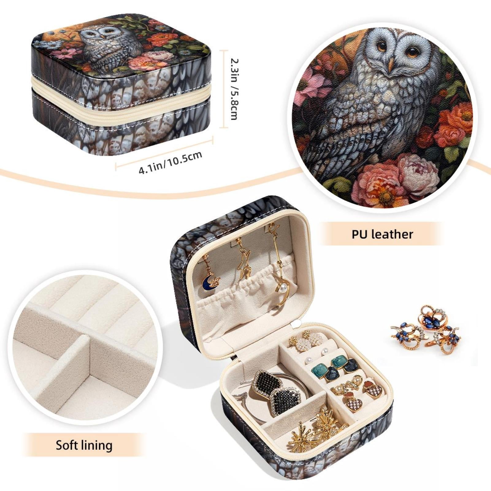 PhooArto Small Jewellery Box, Owl Flowers on the Moon Portable Travel Mini Jewelry Case for Women Leather Ring Organizer
