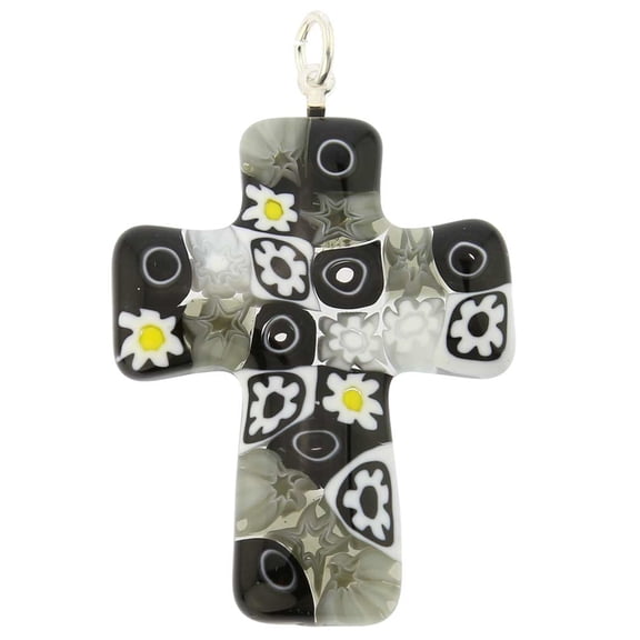 GlassOfVenice Murano Glass Black and White Millefiori Cross Pendant