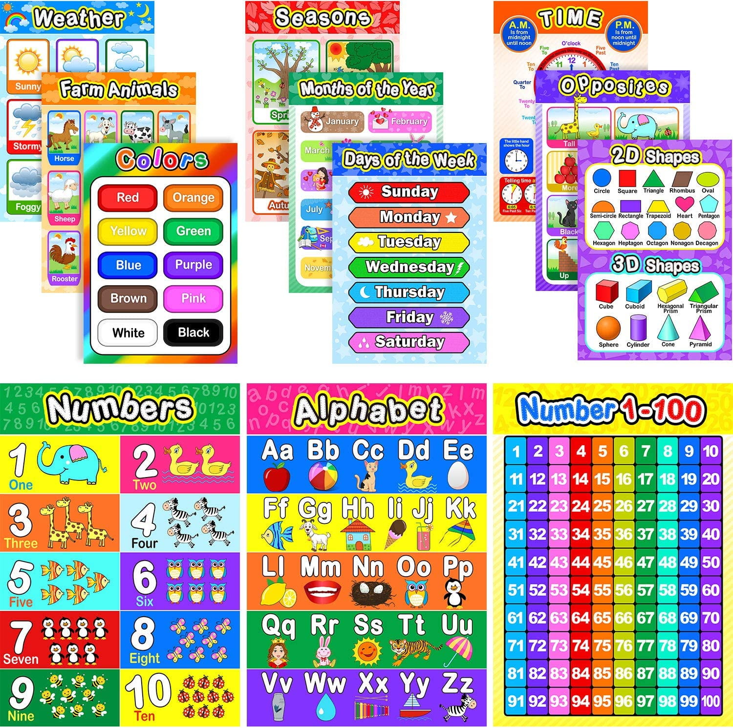 Educational Posters with 32pcs Glue Point Dot for Teaching Numbers Alphabet Colors Days and More Tomaibaby 10PCS Educational Preschool Poster 