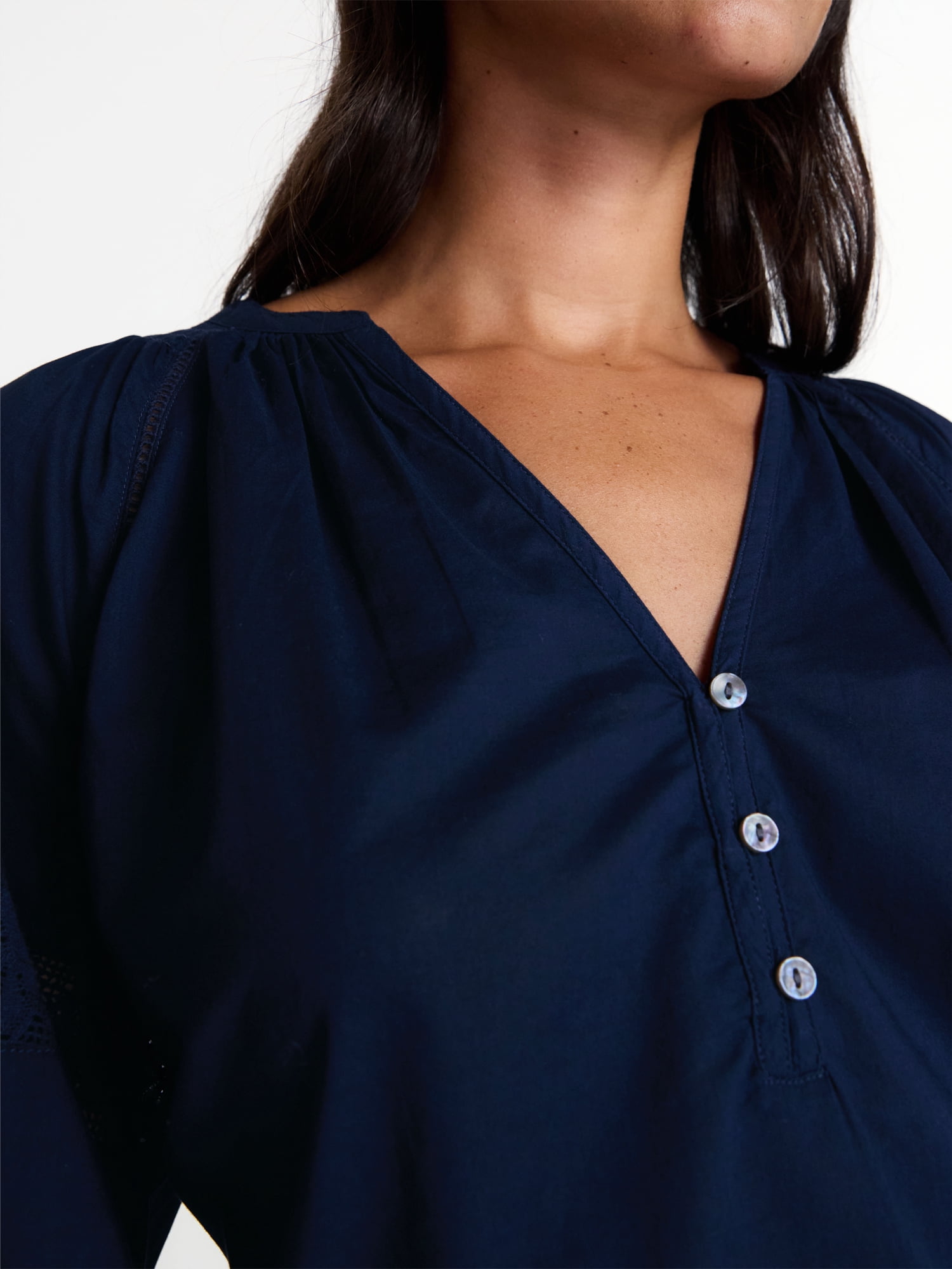 Time and True Women's Lace Trim Cotton Top with Bishop Sleeves, Sizes XS-XXL