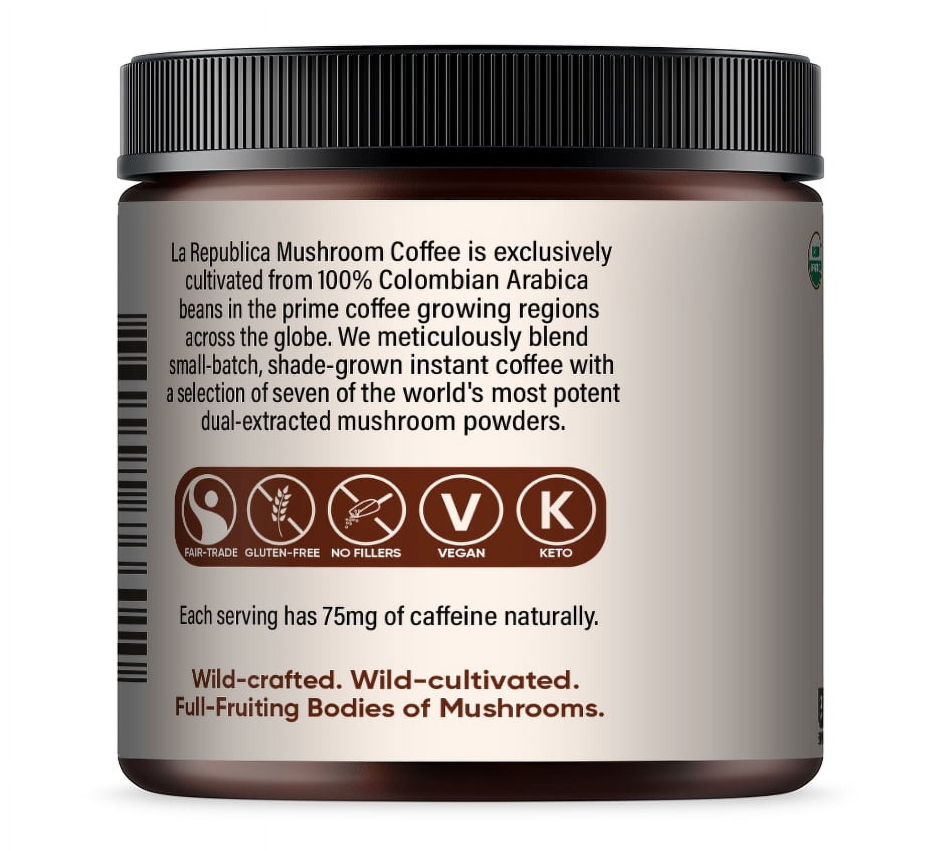La Republica Organic Mushroom Coffee, 2.5 oz, 35 Servings, with 7 Superfood Mushrooms.