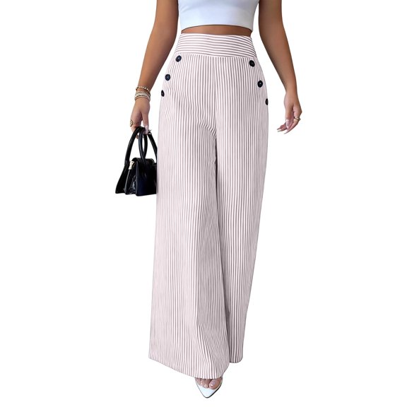 Yifymode Womens Striped Wide Leg Palazzo Pants High Waisted Elastic Casual Lounge Trousers with Pockets,Pink S