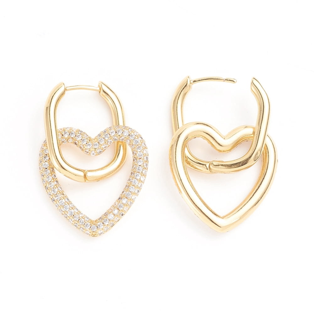 3pairs Brass Micro Pave Cubic Zirconia Huggie Hoop Earrings Long-Lasting Heart Clear 10 Gauge 37mm Pin: 0.8mm