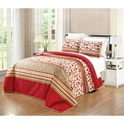 GrandLinen 3-Piece Fine Printed (90" X 88") Quilt Set Reversible Bedspread Coverlet (Double) Full Size Bed Cover (Red, Beige, Brown Floral)