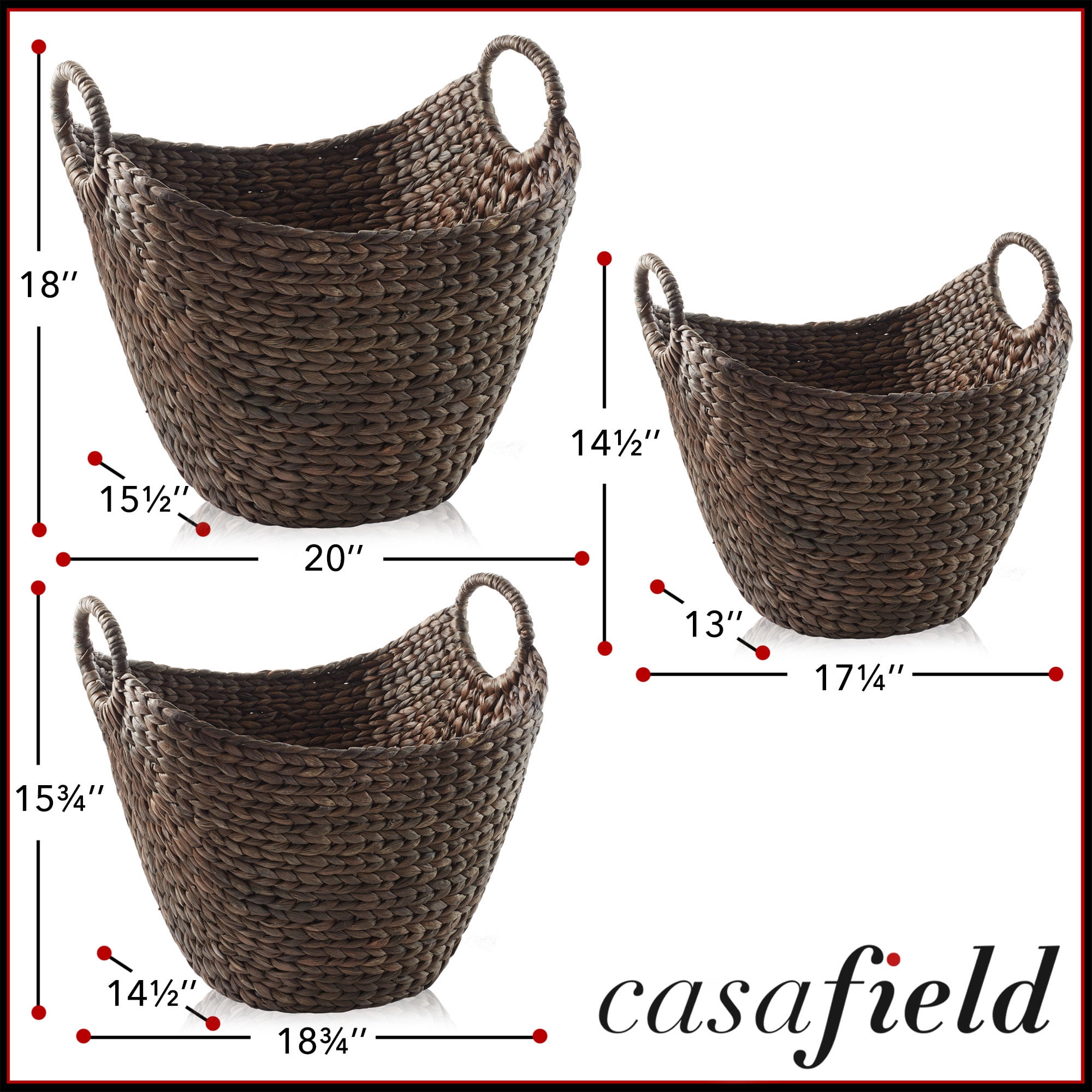 Casafield Set of 3 Boat Baskets with Handles - Espresso, Woven Water Hyacinth Storage Organizers for Blankets, Laundry, Bathroom, Bedroom, Living Room