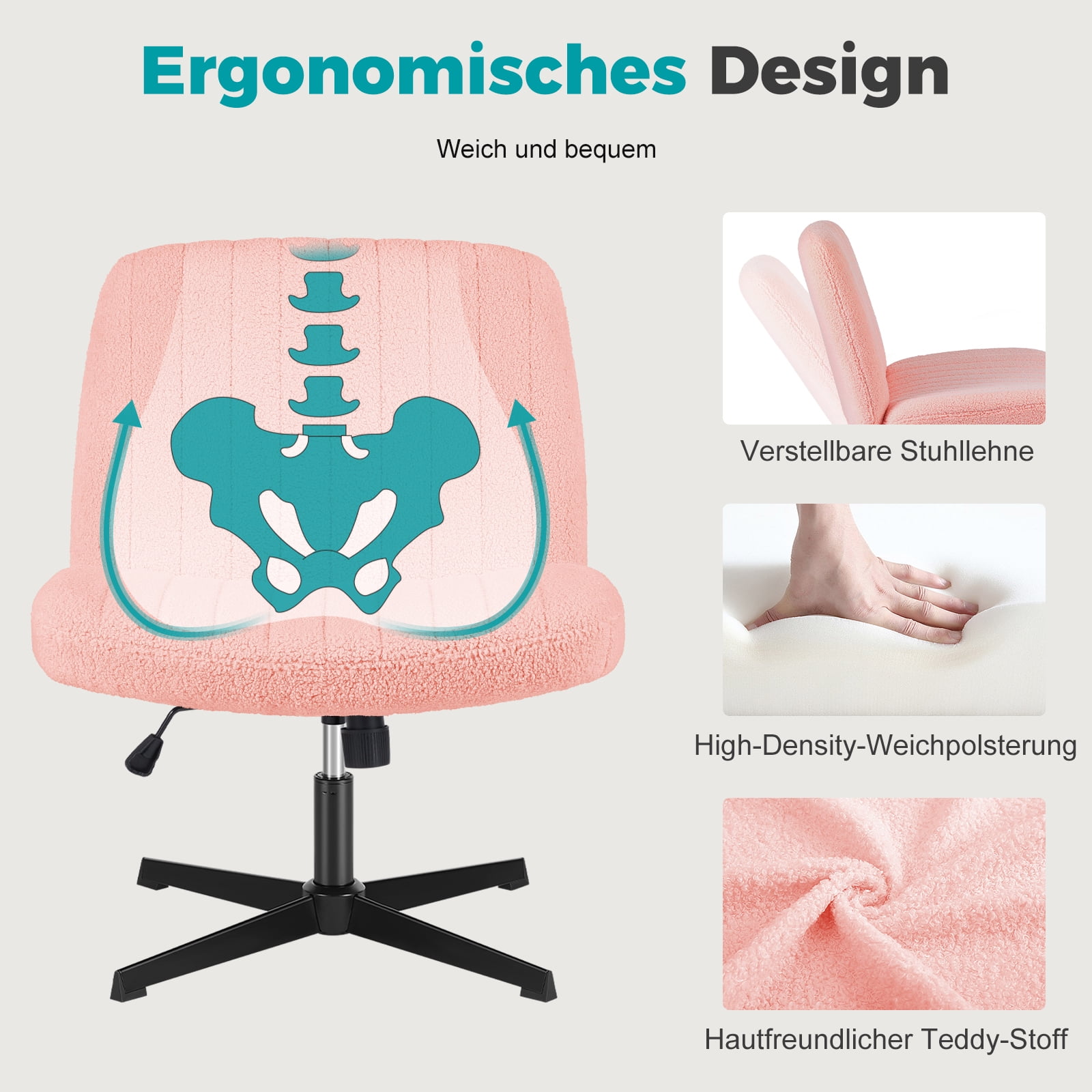 Armless Criss Cross Legged Office Chair, Desk Chair No Wheels, Teddy Fabric, Pink