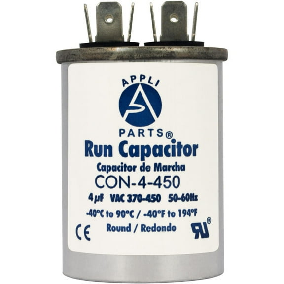 Appli Parts Run Capacitor for ac 4 Mfd uF (microfarads) 370 VAC or 450 VAC CBB65 Round Universal fit for hvac and other applications 2-1/2 in High 1-1/2 in Wide CON-4-450