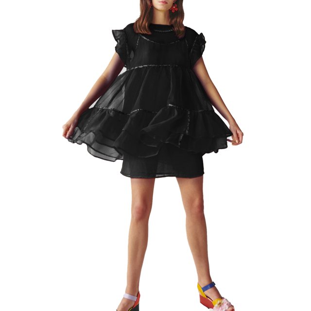 Sunloudy Vestido Corto Femenino, Color Sólido Cuello Redondo Manga Volante Con Volantes Traje De Verano Suelto De Una Pieza, S/M/L Sunloudy moda