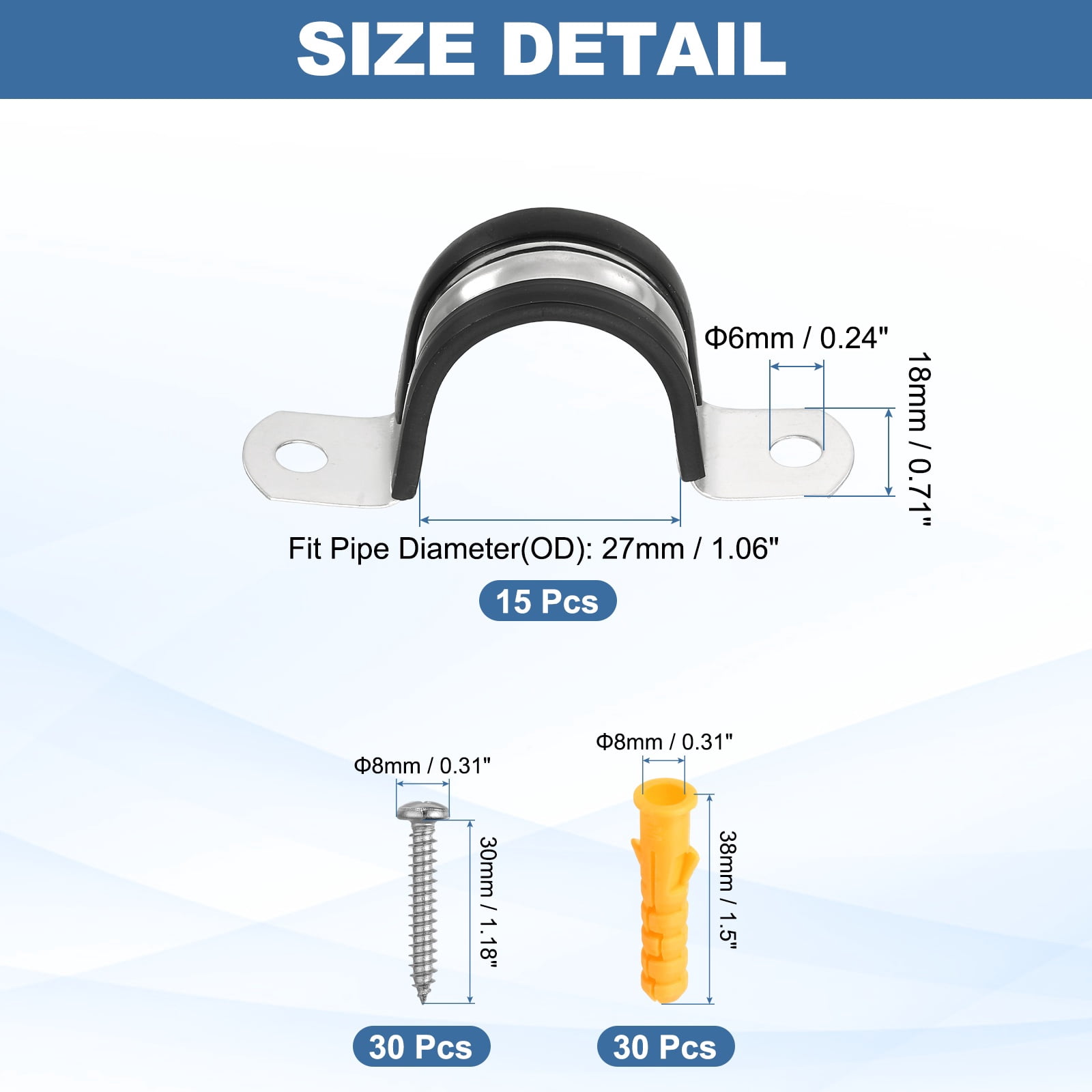 Uxcell 15 Pcs Pipe Strap Clamp, 27mm(1.06") Rubber Cable Clamp Rubber Cushioned 304 Stainless Steel U Bracket Tube Holder Support with Screws for Water Pipe HVAC Cable Management