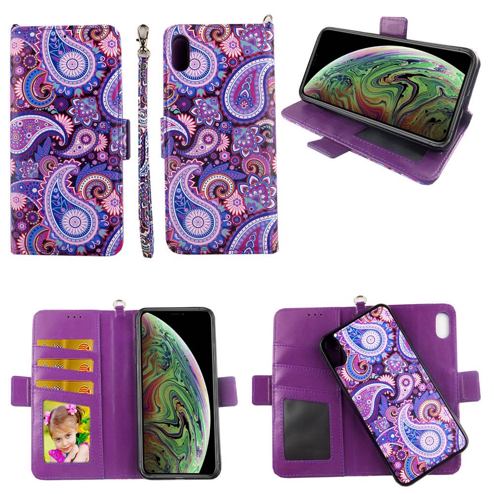 Purple Paisley Case for iPhone XS Max Detachable Pu Leather