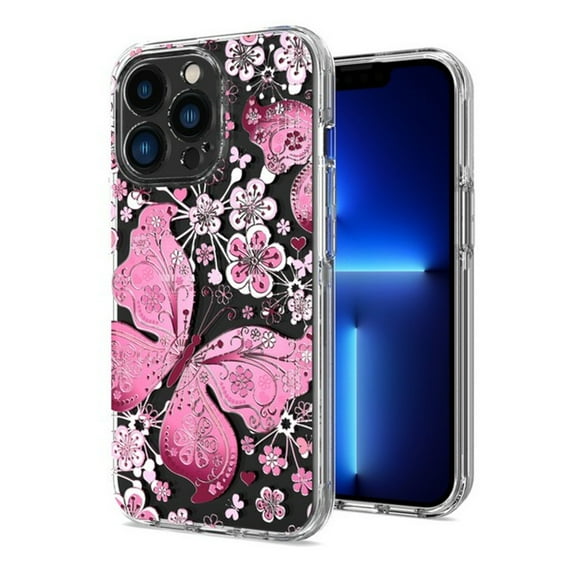 For Apple iPhone 13 (6.1") Hybrid Trendy Image Patterns Design Transparent Hard Back TPU Rubber Protective Phone Case Cover by Xpression [Pink Butterfly]