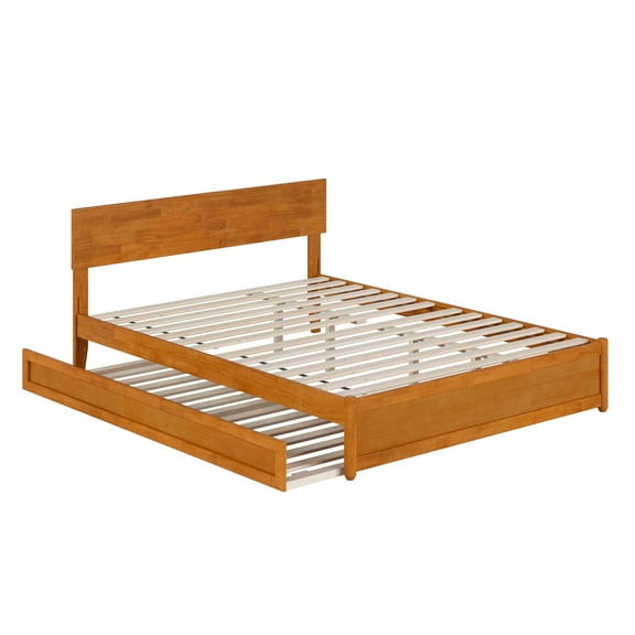Wesley Queen Wood Platform Bed w/ Panel Footboard & TXL Trundle in Light Toffee