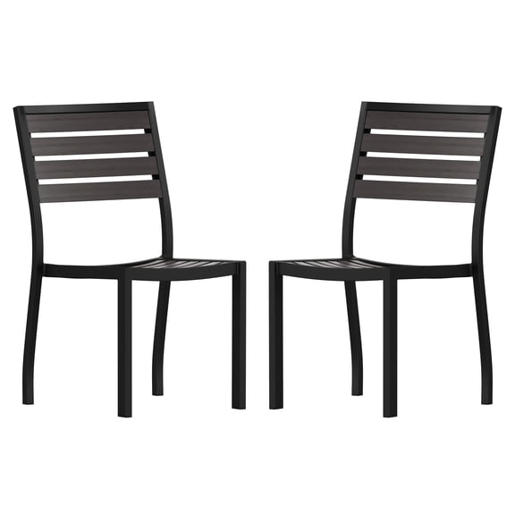 Flash Furniture Lark Outdoor Stackable Side Chair with Gray Wash Faux Teak Poly Slats, Set of 2