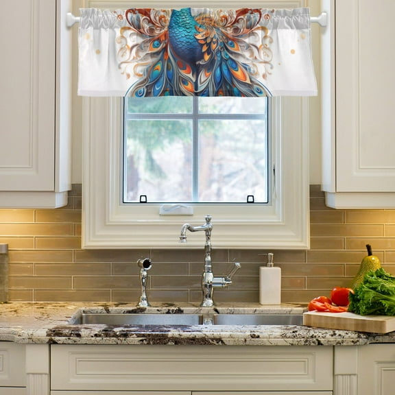 Peacock Feathers Curtain Valances Farmhouse Design Window Treatment Decor Blackout Rod Pocket for Windows Living Room Kitchen 54" x 18"