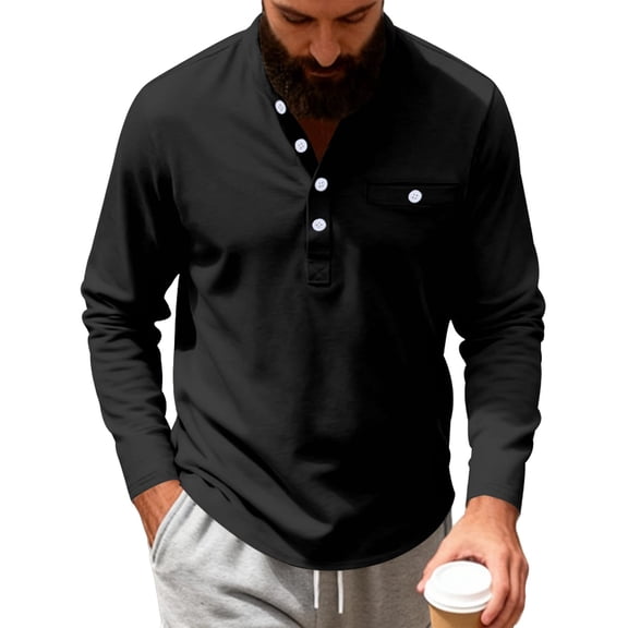 USNSM Mens Henley Long Sleeve Shirts Cotton Pocket Button T Shirts Casual Lightweight Plain Tops Fall Basic Tee Black XXL