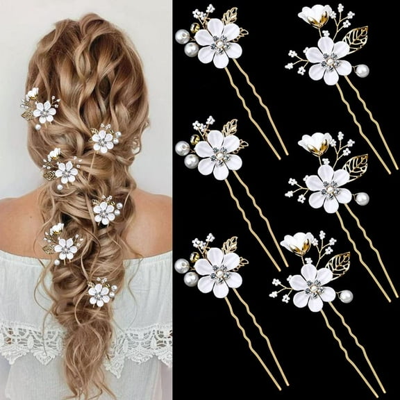 6 PCS Bridal Flower Wedding Hair Pins Crystal Pearl Hair Clips Headpiece Gold Wedding Hair Accessories Jewelry with Rhinestone for Brides Bridesmaids Women Girls Updo (Pure White Flower)