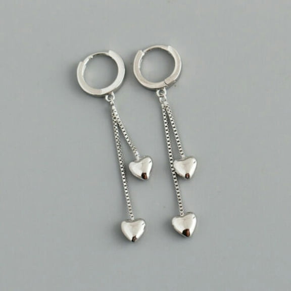 QQTDFG Sterling Silver Heart Huggie Hoop Chain Fringe Drop Tassel Earrings F0106-Silver