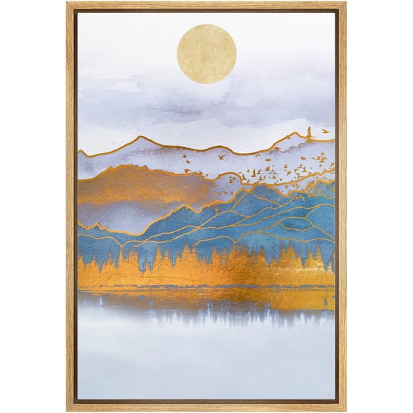 IDEA4WALL Framed Canvas Print Wall Art Gold & Blue Mountain Ranges with Reflection Abstract Wilderness Illustrations Modern Art Rustic Multicolor for Living Room, Bedroom, Office - 16"x24" Natural