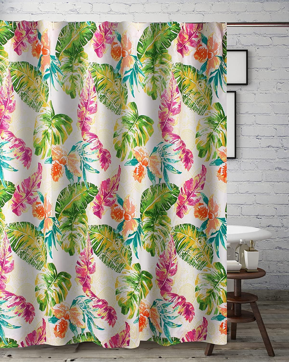 72" Waterproof Fabric Shower Curtain Set Tropical Green Leaves Flamingo Hibiscus 