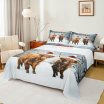 Feelyou Rustic Highland Cow Twin Sheet Sets, Merry Christmas Twin Fitted Sheet, Kawaii Winter Animal Flat Sheet, Ultra Soft Home Decor, 3pcs