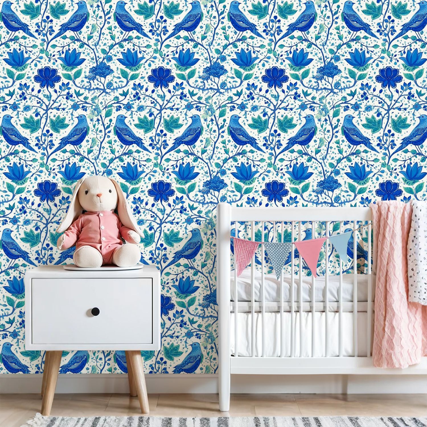 Farmhouse Peel and Stick Wallpaper 23.6in x 9.8ft Blue Floral Birds Botanical Elements Contact Paper Vinyl Self-Adhesive Removable Wall Paper for Bedroom Kitchen Cabinet Renter Friendly