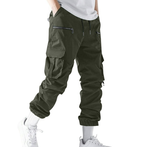Men's Casual Cargo Joggers Sweatpants Workout Athletic Pants With Pockets Drawstring Gym Running Pants Olive Green