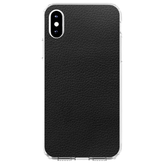 DistinctInk Clear Shockproof Hybrid Case for iPhone XR (6.1" Screen) - TPU Bumper, Acrylic Back, Tempered Glass Screen Protector - Black Faux Leather Print Design - Printed Faux Leather Image