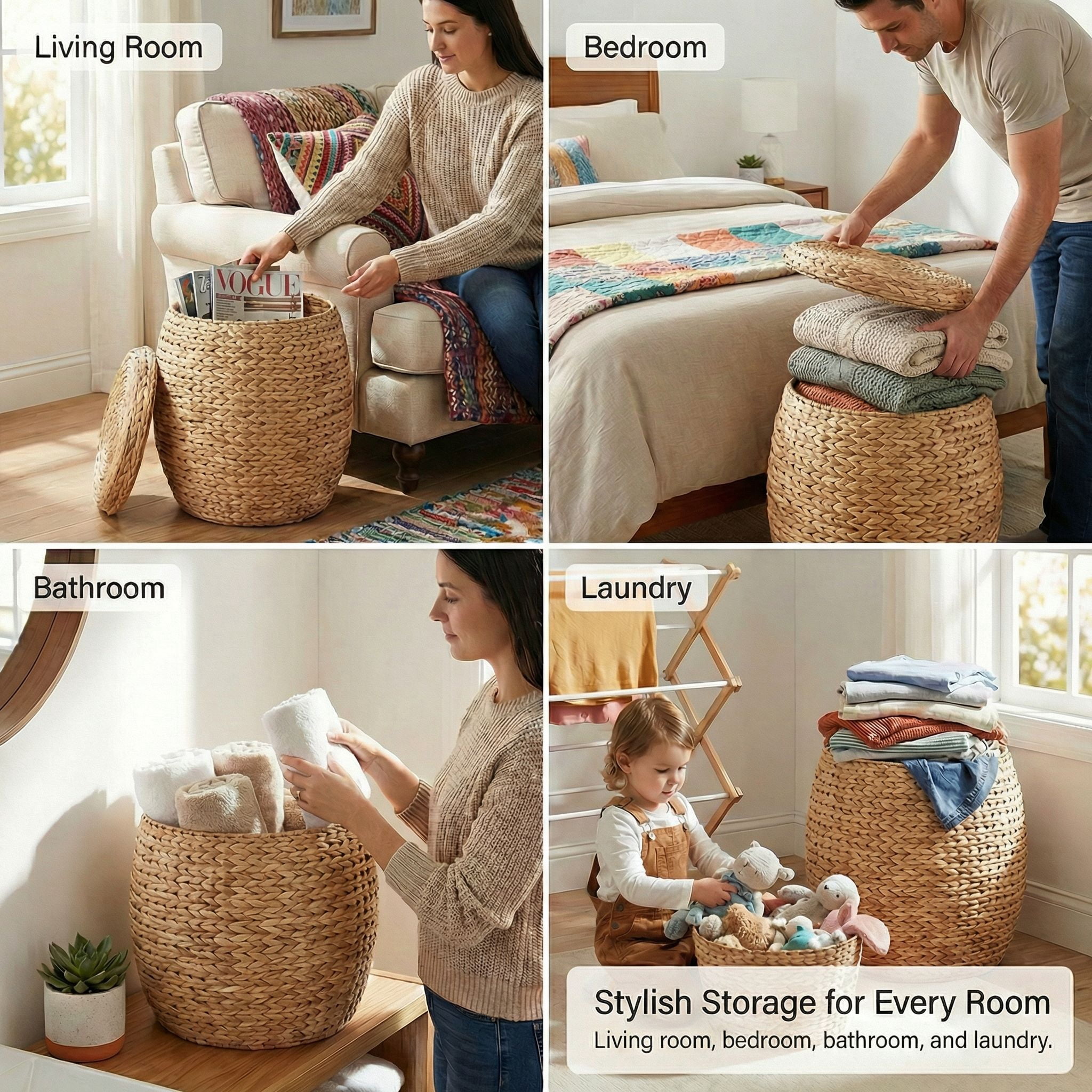 DEILSY Natural Round Water Hyacinth Storage Basket with Lid - Multipurpose Woven Storage Basket, Decorative Round Woven Basket for Living Room, Closet, Bedroom, Bathroom or Laundry