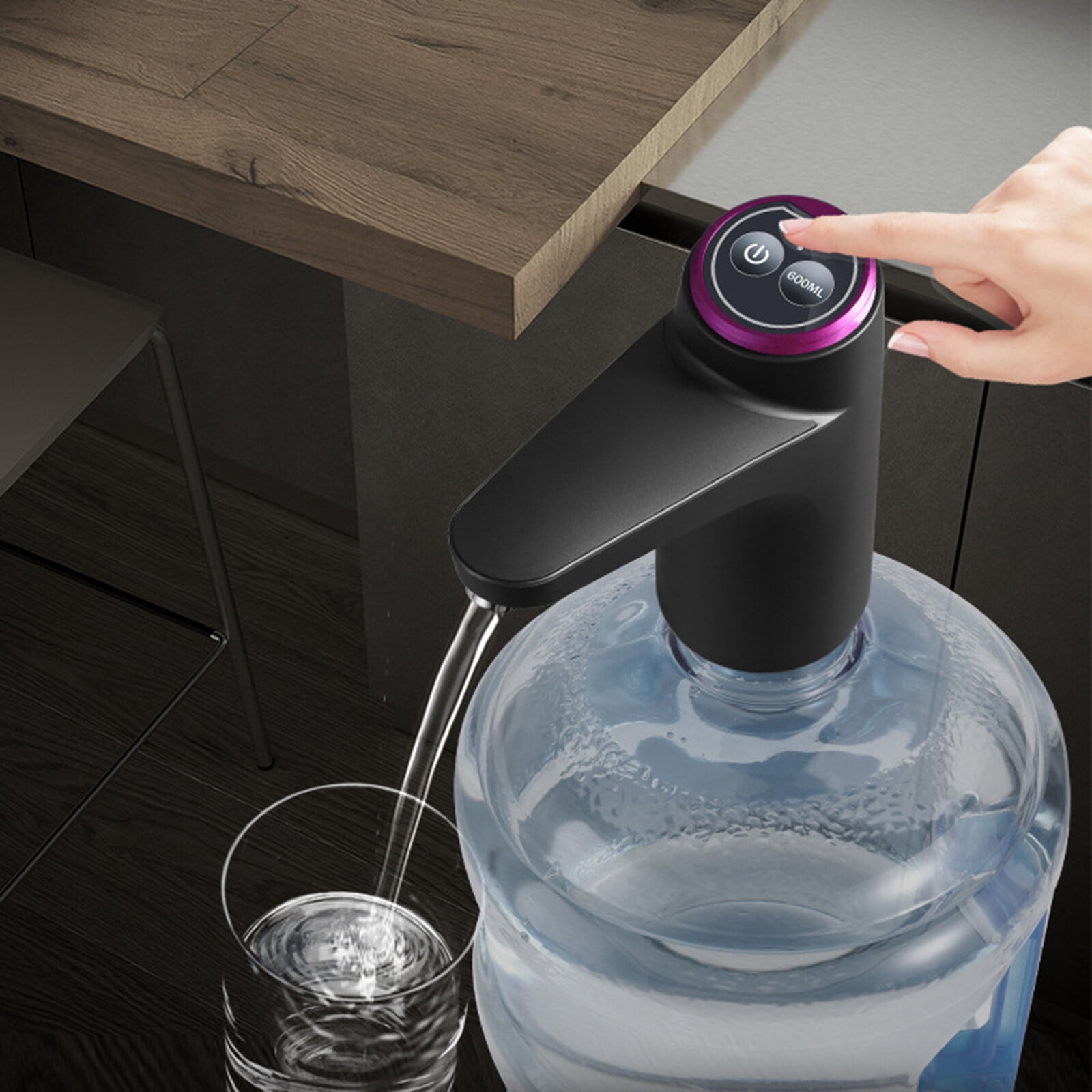 Hinzonek Desktop Water Bottle Dispenser Portable Electric Water Pump for Universal 3, 4 and 5 Gallon with USB Charging and Automatic off Switch, Black