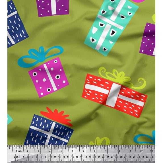 Soimoi Green Velvet Fabric Gift Box Party Print Fabric by the Yard 58 Inch Wide