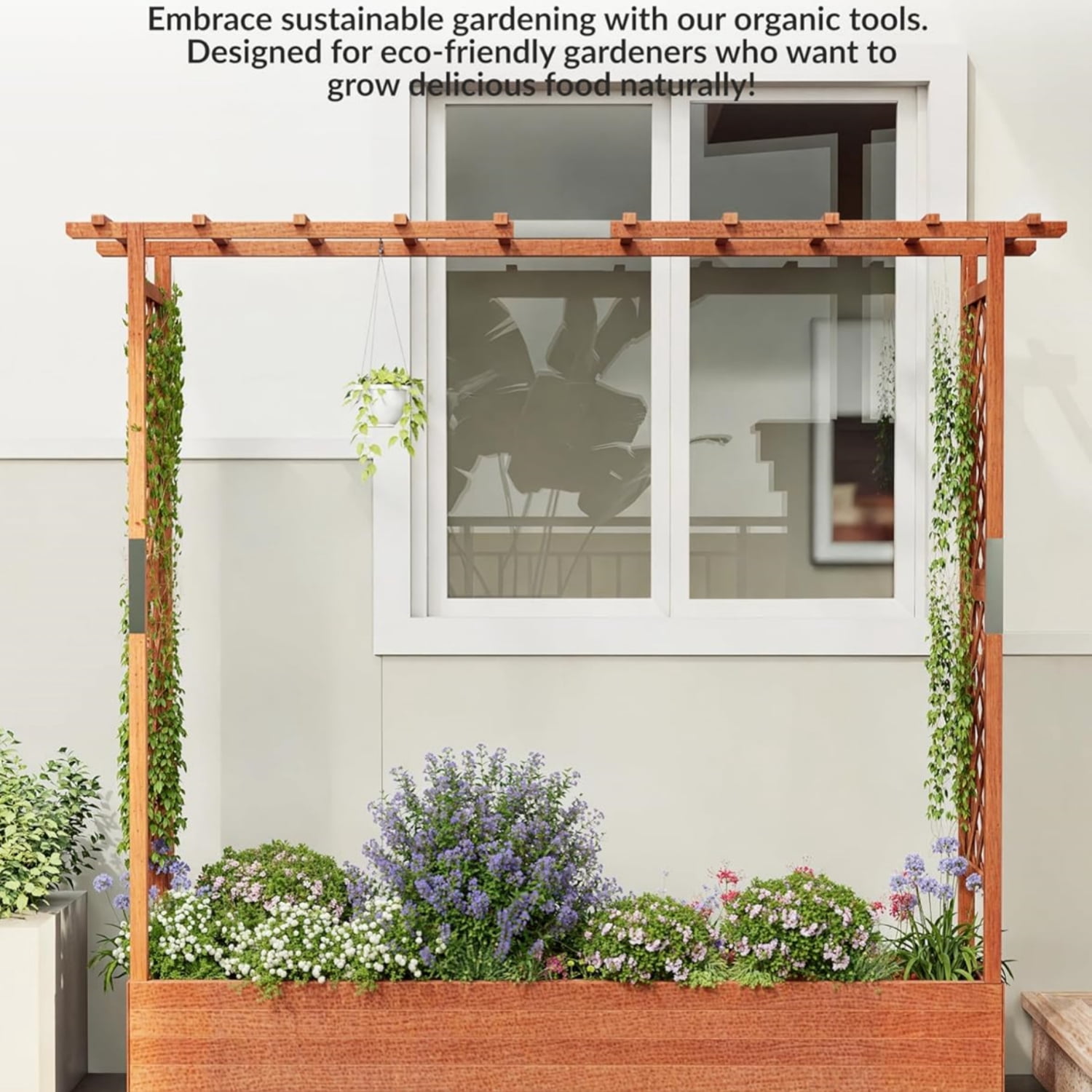 Riedhoff Outdoor Wooden Raised Garden Bed with Trellis, Hanging Roof & Side Trellis, 77.16 x 17.32 x 71.65"