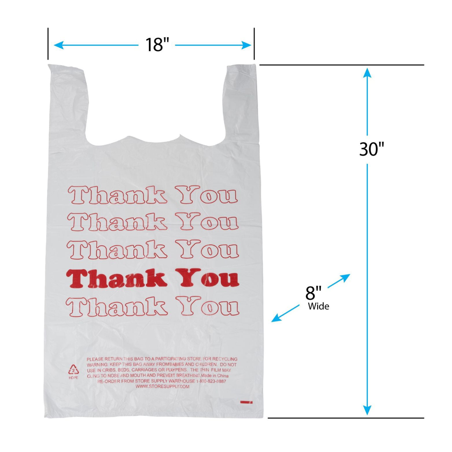  Large White Plastic T-Shirt Shopping Bags (Case of 500) - 18 x  8 x 30” - Perfect for Restaurant, Retail, Grocery, Takeout - Made of High  Density Polyethylene Plastic (HDPE) : Industrial & Scientific