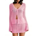 thumbnail image 5 of Womens Crochet 2 Piece Cover Up V Neck Bell Sleeve Button Cardigan Sheer Mesh Beach Mini Skirt Coverup Set, 5 of 5