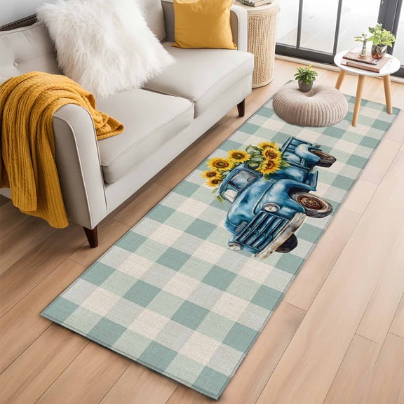 Runner Rugs 2x6 Ft, Blue Truck Yellow Sunflower Non Slip Area Rugs for Kitchen Bedroom Entryway, Summer Teal Plaid Vintage Washable Carpet Runner Rug Floor Mats for Bedroom Home Decor