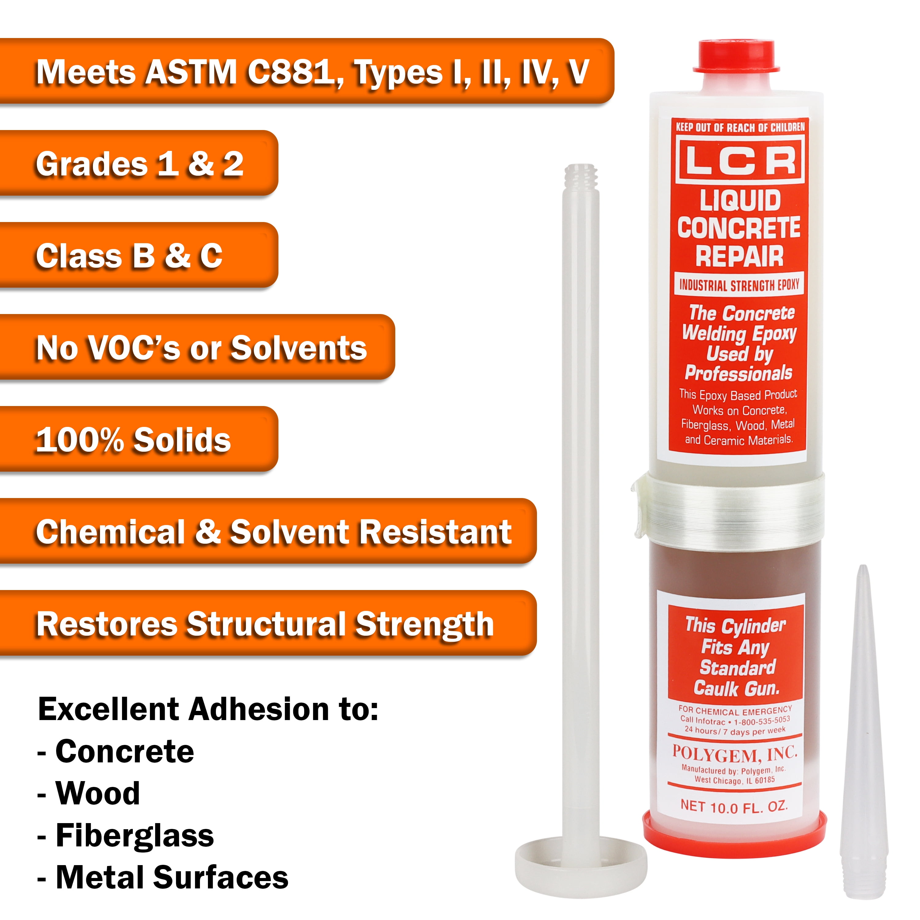 Polygem Injection Epoxy - Amber, 10 oz Cartridge, Structural Crack Filler for Concrete & Wood