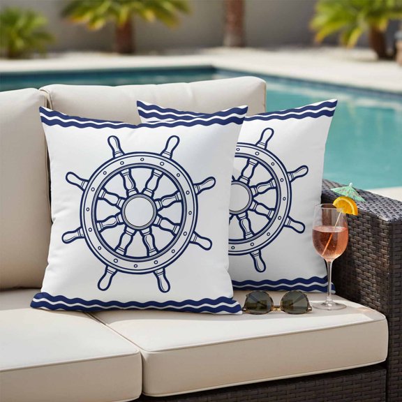 Navy Blue Rudder Nautical Outdoor Pillow Covers 16x16 Inch Throw Pillow Covers Set of 2 Waterproof Decorative Pillow Cases Coastal Summer Ocean Cushion Covers for Patio Furniture Garden Couch Sofa