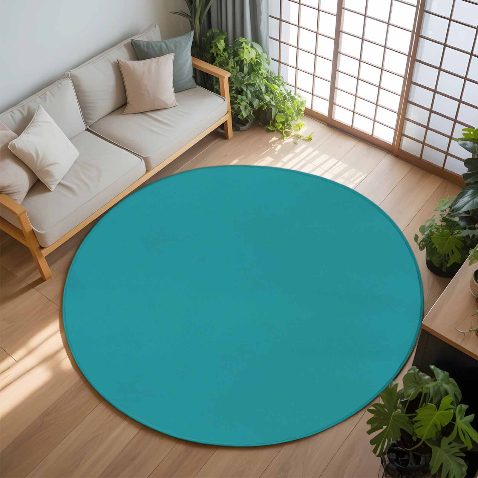 Teal 7ft Round Rug, Farmhouse Solid Turquoise Color Modern Art Non-Skid Rubber Backing Large Area Rugs - Living Room Bedroom Home Office, Indoor Floor Mat Carpets Washable Rug