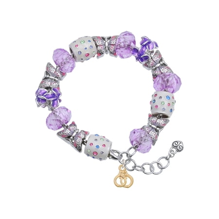 Delight Jewelry Goldtone Mini Handcuffs Purple Butterfly Bead Charm Bracelet, 7"+1" Extender