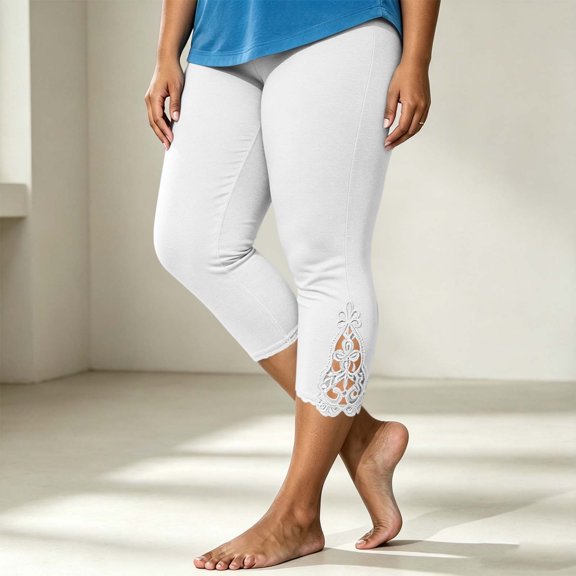 JOANKDMI Capri Leggings for Women Cropped Yoga Pants High Waisted Tummy Control Activewear Tights with Lace Hollow Out Details Flattering Summer Workout Clothes