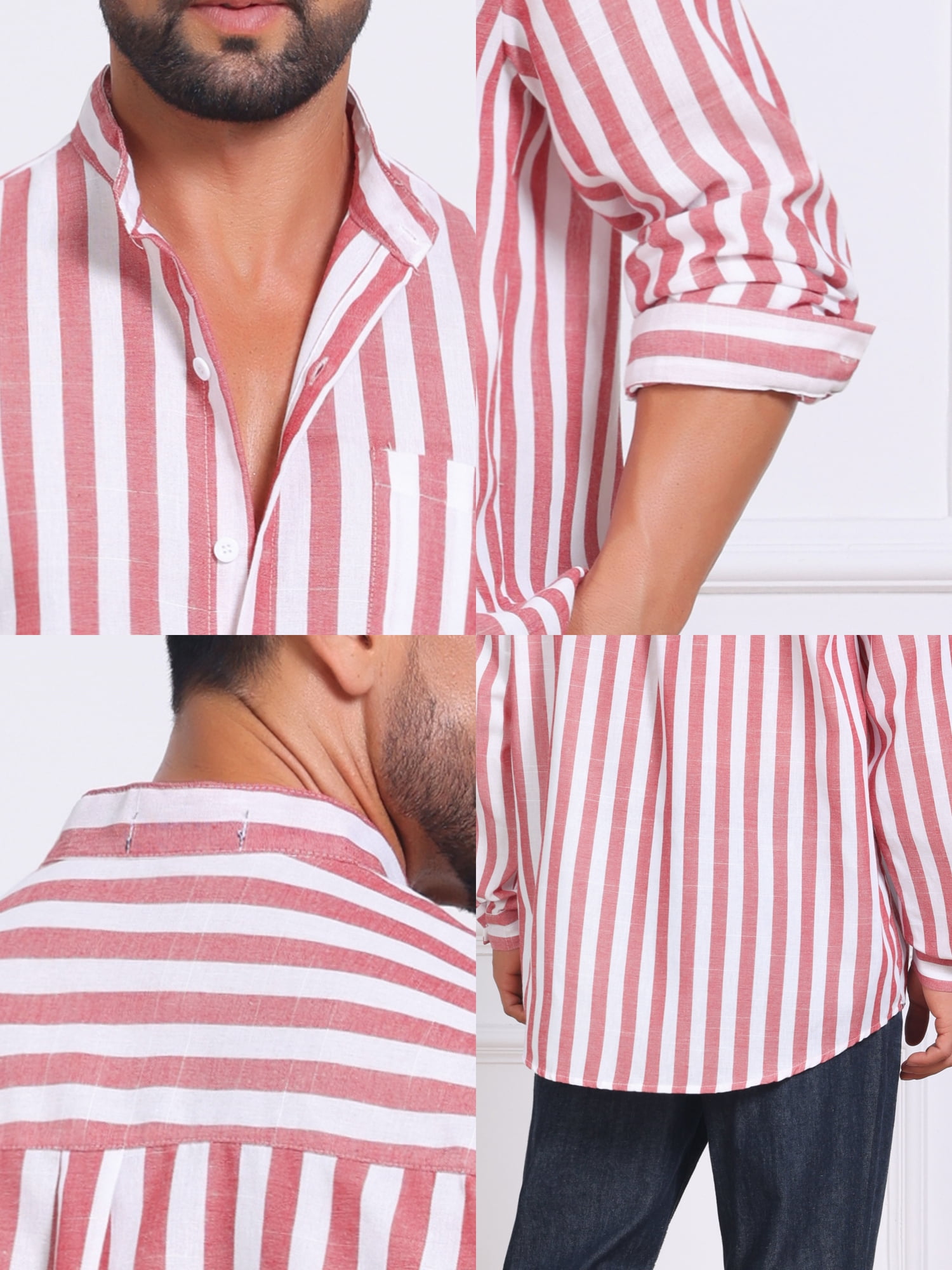 DARING DIVA Men's Striped Stand Collar Long Sleeve Button Down Shirt L Red