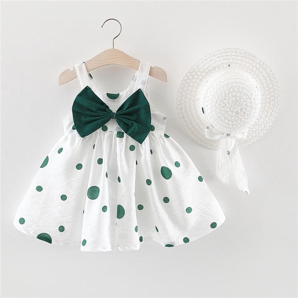 Cute Girls Dress Summer New Children's Clothing Baby Girl Bow Polka Dot Straw Hat Princess Dress-F21-Blue-24M-110 He Qiyong unisex