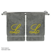 Monogrammed Hand Towel, Personalized Gift, 16 x 30 Inches - Set of 2 - Gold Embroidered Towel - Extra Absorbent 100% Turkish Cotton - Soft Terry Finish - For Bathroom, Kitchen and Spa - Script L Gray