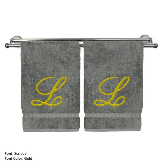 Monogrammed Hand Towel, Personalized Gift, 16 x 30 Inches - Set of 2 - Gold Embroidered Towel - Extra Absorbent 100% Turkish Cotton - Soft Terry Finish - for Bathroom, Kitchen and Spa - Script L Gray