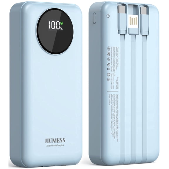 JIUMESS 20000mAh Power Bank with Cables 22.5W Fast Portable Charger Compatible for iPhone, Android