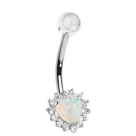 - 14k White Gold Heart Created Opal Belly Navel Ring Cubic Zirconia