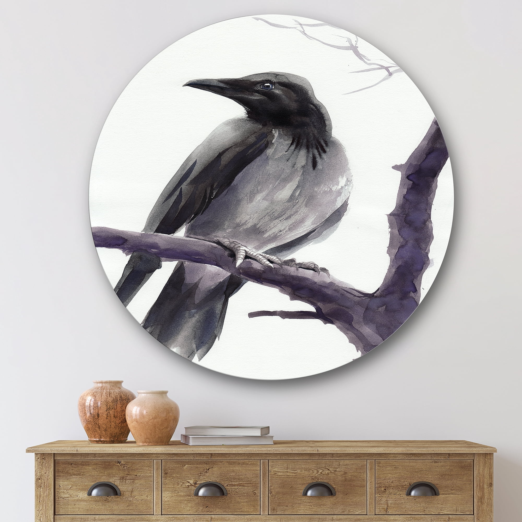 Designart 'Big Crow Sitting On A Branch' Traditional Circle Metal Wall Art 36x36 - Disc of 36