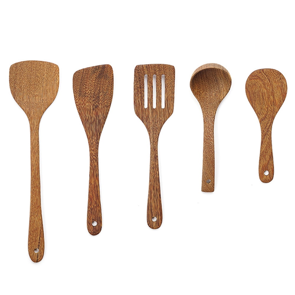 5Pcs/Set Wooden Kitchen Cooking Utensils Nonstick Spatulas Ladle Scoop Soup Spoon with Holes